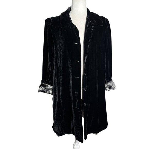 Lily Black Silk Velour Velvet Button Up Duster Coat Medium Floral Lined Pockets - Picture 1 of 8